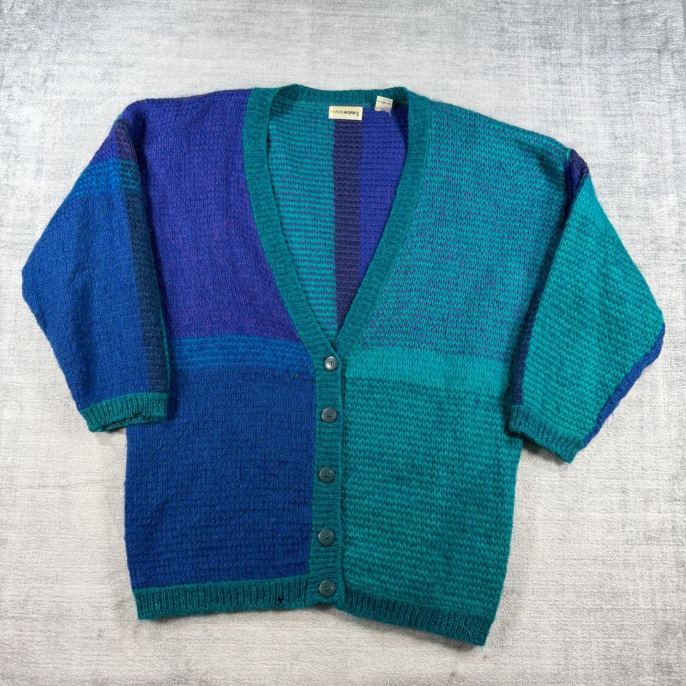 Yarnworks Cardigan Womens Large Blue Purple Mohair Colorblock Vintage 80s Grunge